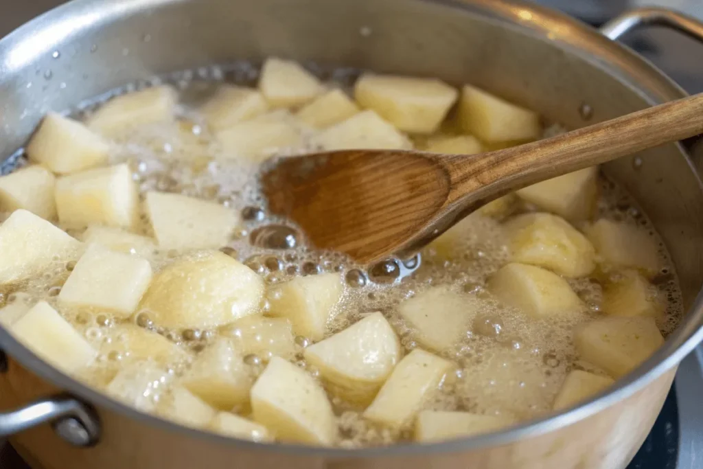 Boiling diced potatoes in a pot of water.