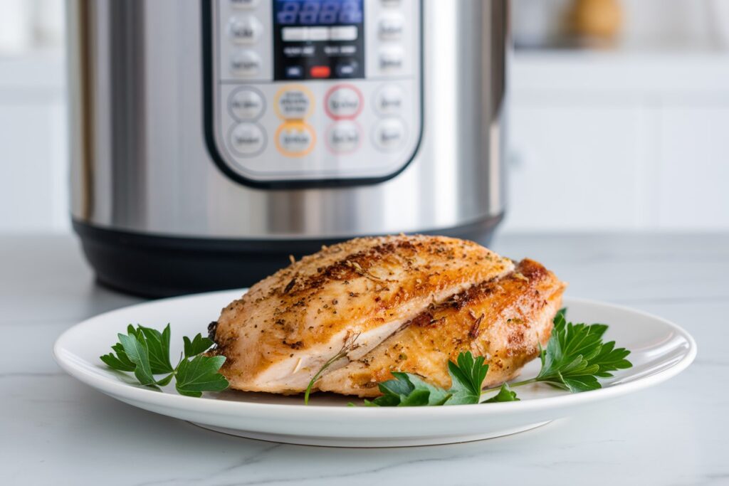 Juicy chicken breast cooked in an Instant Pot served with parsley.