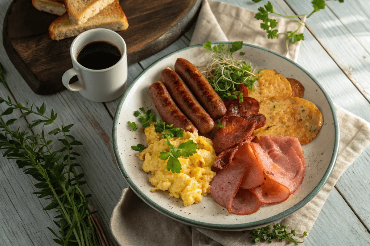 A delicious breakfast spread featuring breakfast meats like bacon, sausage, ham, and eggs.