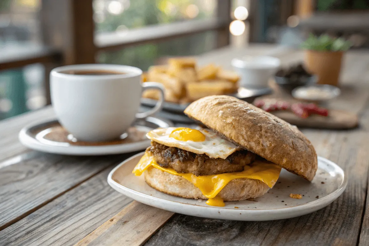 Impossible Breakfast Sandwich served on a rustic table.