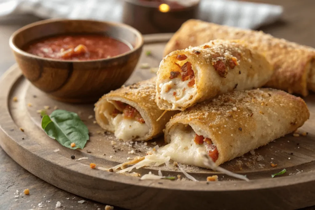 Golden crispy breakfast pizza rolls with melted cheese.