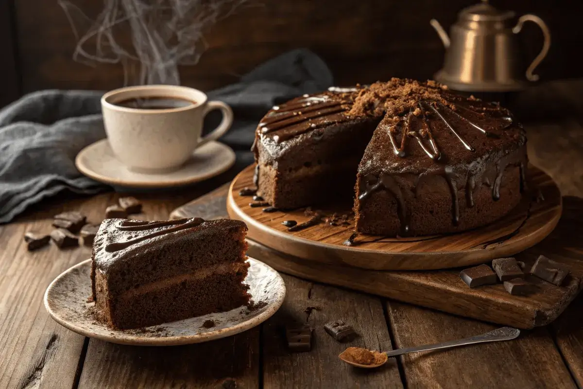 A sliced chocolate coffee cake with ganache and coffee.