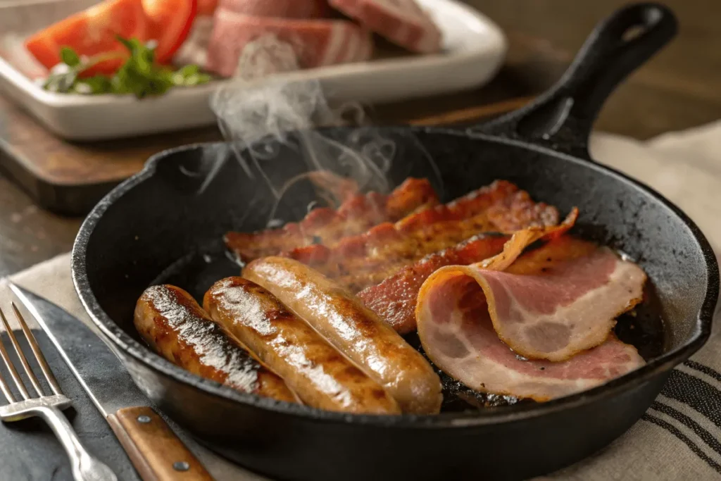 Sizzling breakfast meats including bacon, sausage, and ham cooking in a skillet.