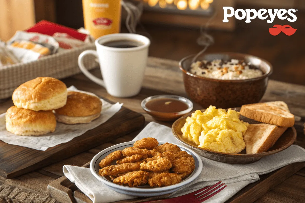 Delicious Popeyes breakfast menu featuring chicken biscuit, coffee, and sides.