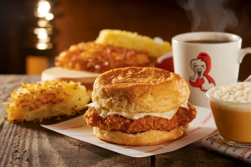 Popeyes breakfast menu highlight – chicken biscuit with crispy fried chicken.