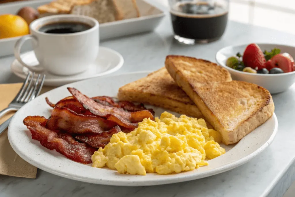 Scrambled eggs with breakfast meats like bacon, hash browns, and toast.