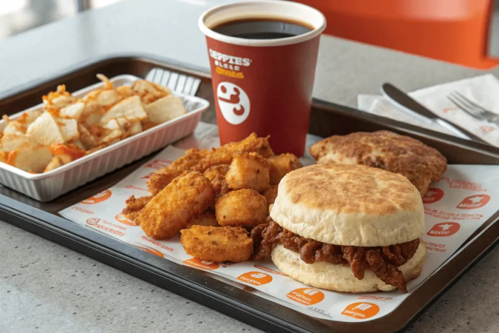 Popeyes breakfast menu combo with chicken biscuit, hash browns, and coffee.