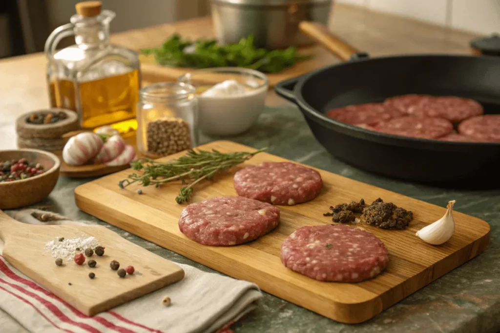 Ingredients and homemade breakfast meats like sausage patties on a kitchen counter.