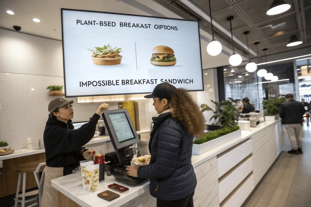  Future fast-food restaurant offering plant-based breakfast options.